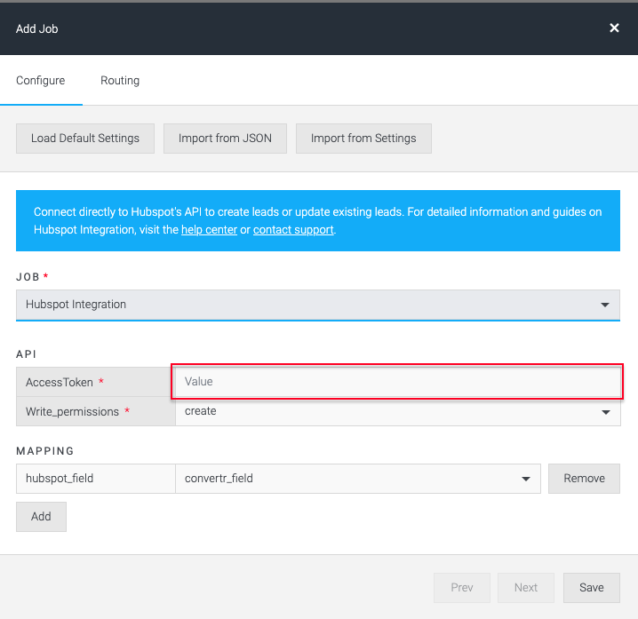 Screenshot of Convertr API section with accessToken field