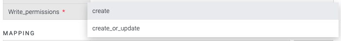 Screenshot of Convertr write permissions options Create and Create or Update