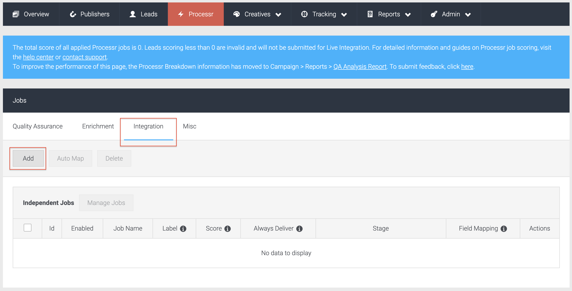 Screenshot of adding a new job in the Processr tab