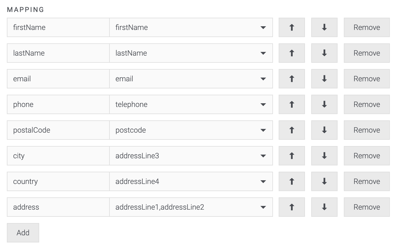 Screenshot of example field mapping between client and Convertr fields