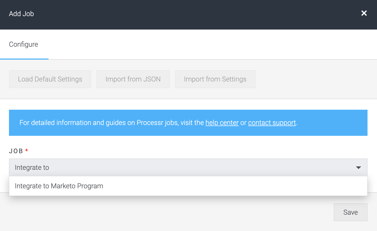 Screenshot of selecting 'Integrate to Marketo Program' from the dropdown list