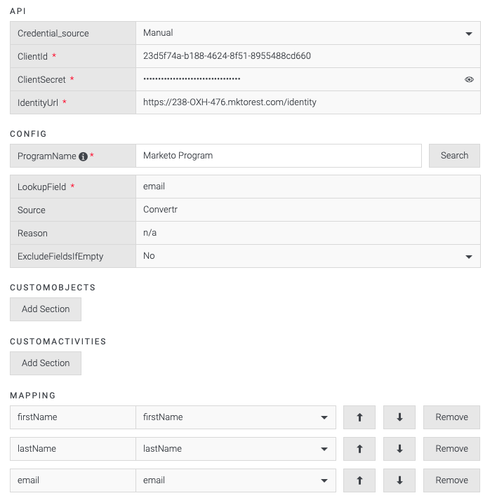 Screenshot of the final configuration example for the Marketo integration