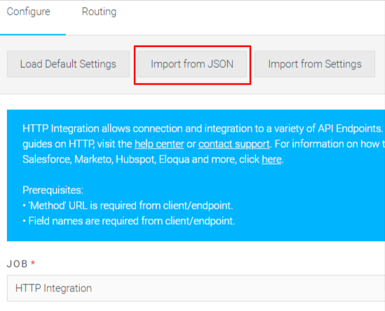 Screenshot of Import from JSON button in HTTP job