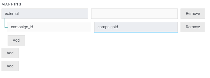 Image of the Mapping section of the Universal Connector modal, showing 'external' and campaign_id' mapping