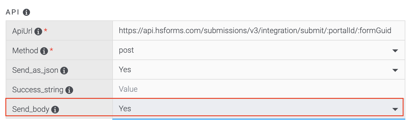 HTTP Integration settings showing send_body set to Yes