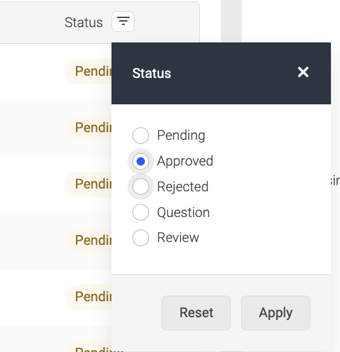 Screenshot showing the filter available on Status.png