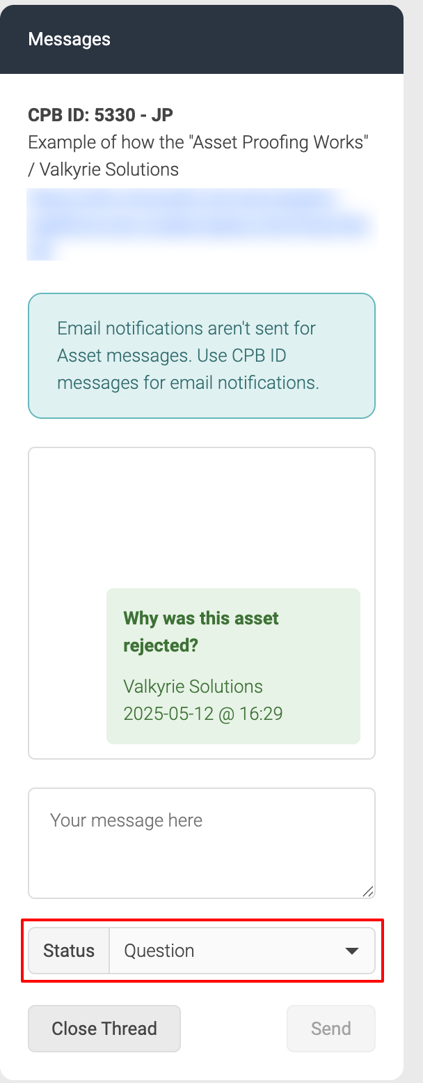 Screenshot showing publisher user using asset level messaging and changing the asset status to Quest.png