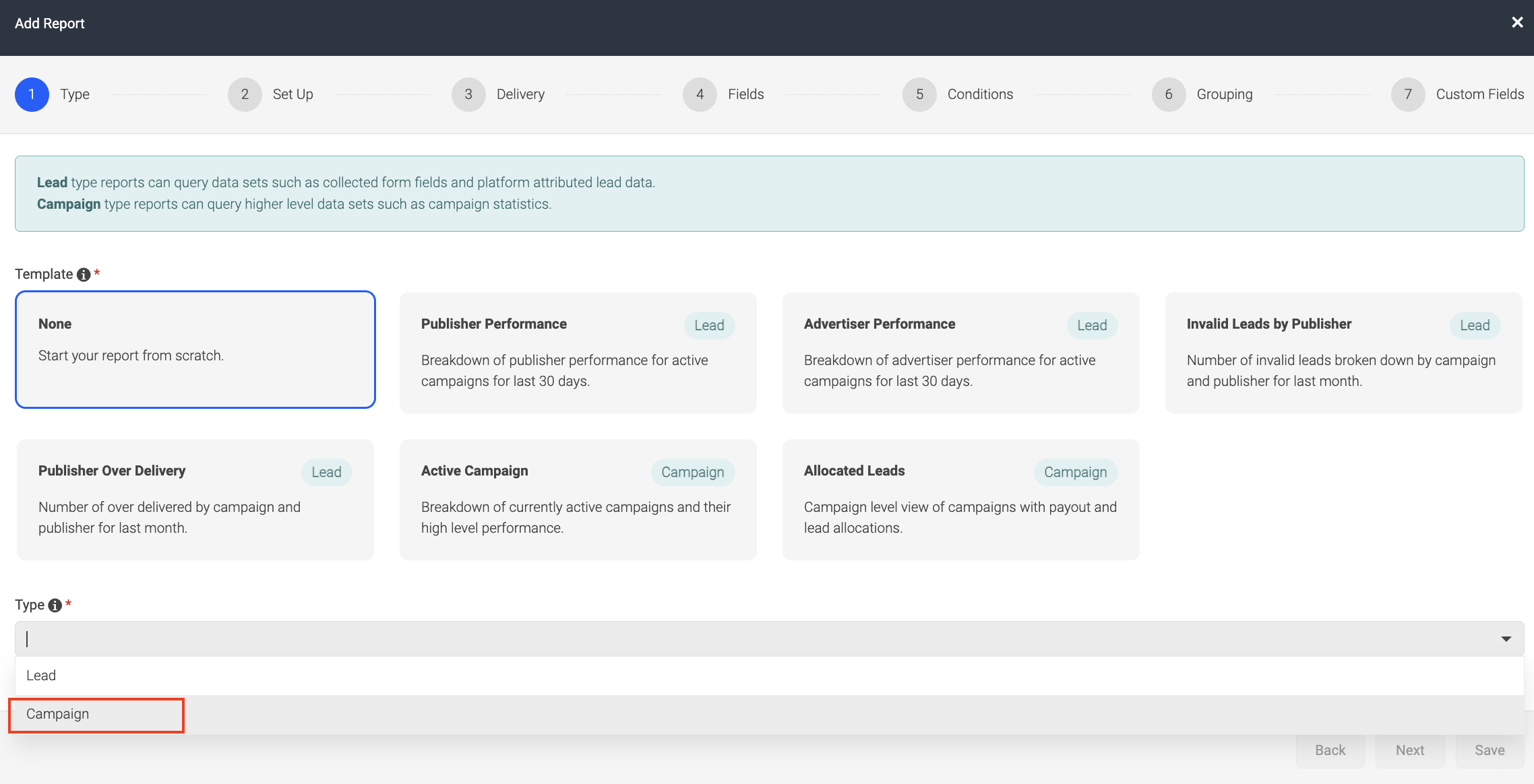 Screenshot showing selecting report type as Campaign.png