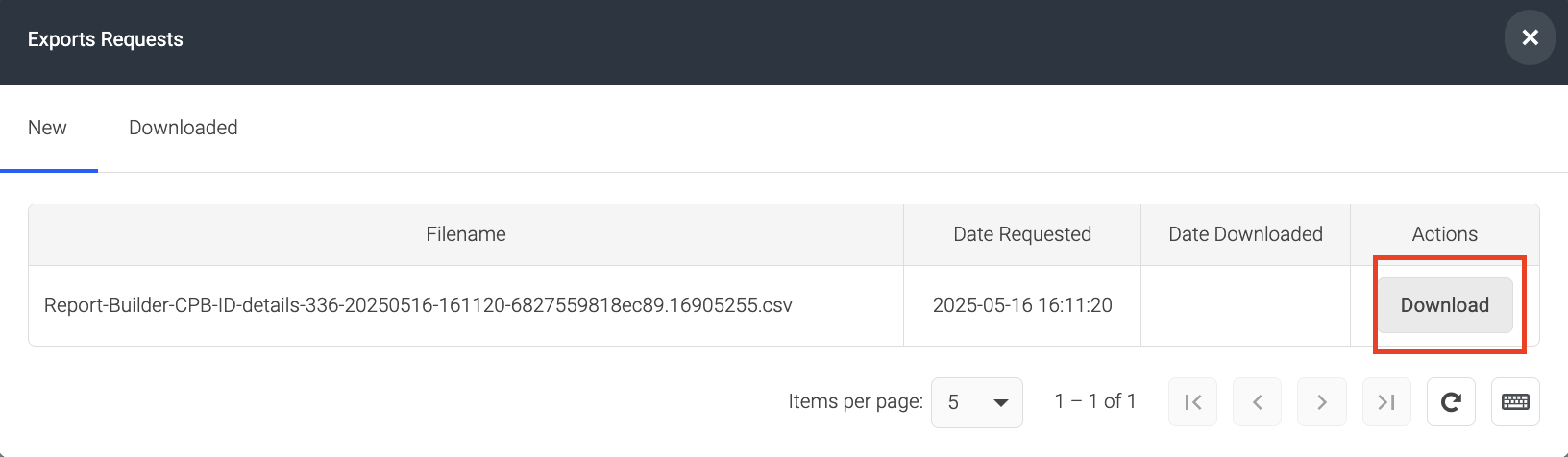 Screenshot of Exports Requests that lists the reports available for download.png
