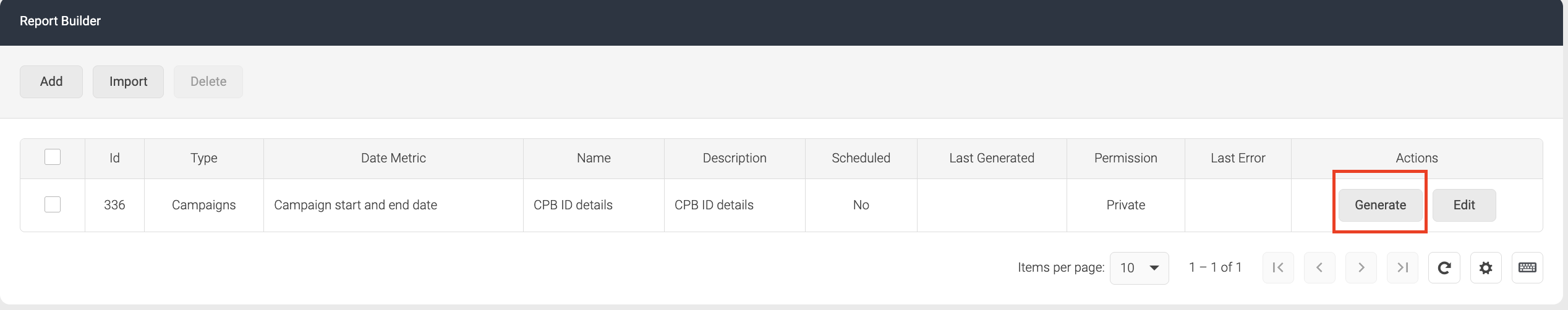 Screenshot showing the Generate button available against newly created report.png