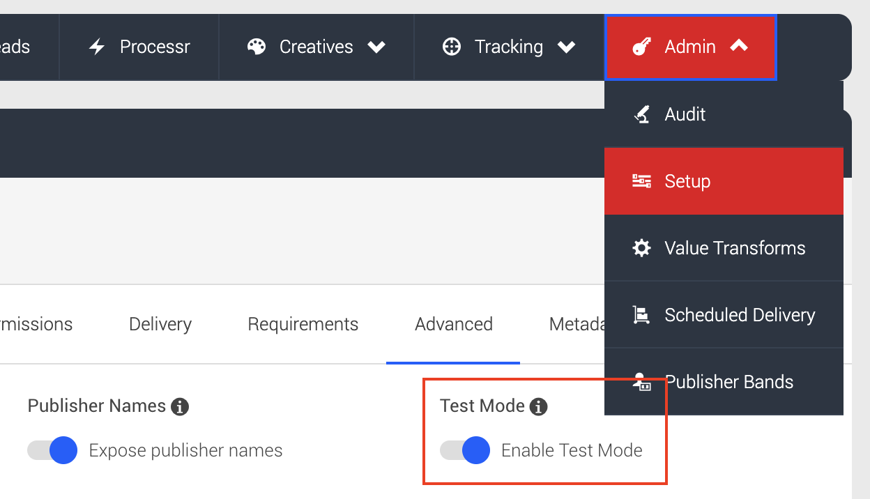 campaign > admin > setup > 'Advanced' tab > test mode