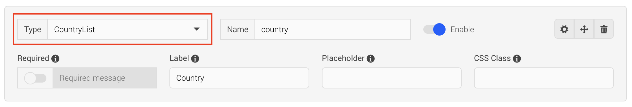 Form field countrylist form type