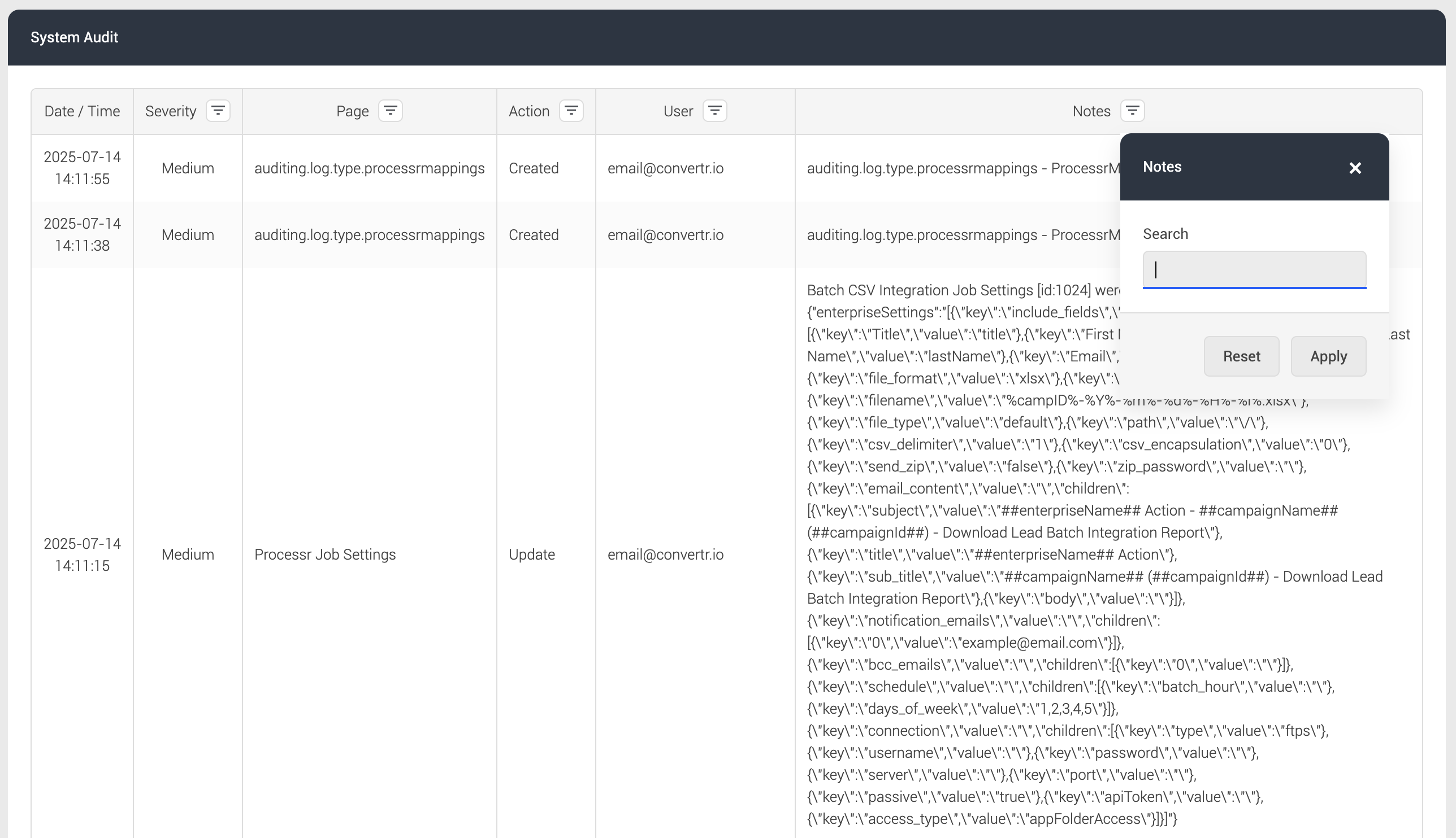System audit table columns and filters