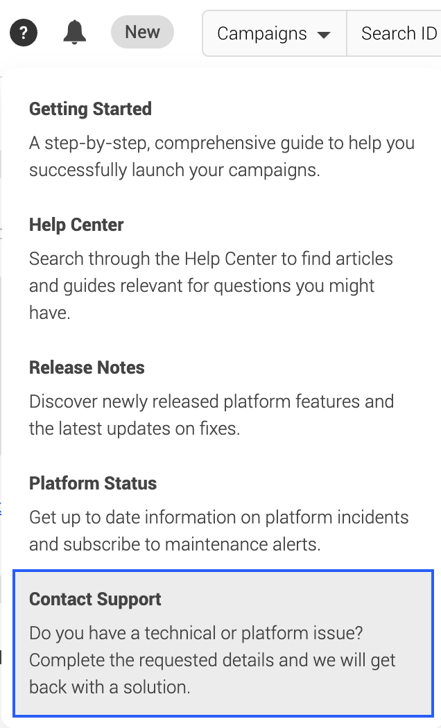 In platform contact support dropdown