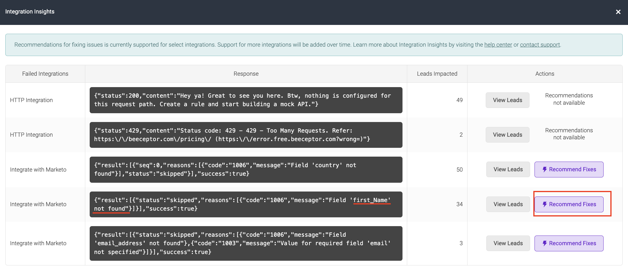 Screenshot showing integration error messages and number of leads impacted.png