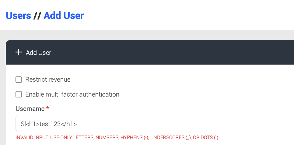 Screenshot of validation allowing only specific characters in the username 