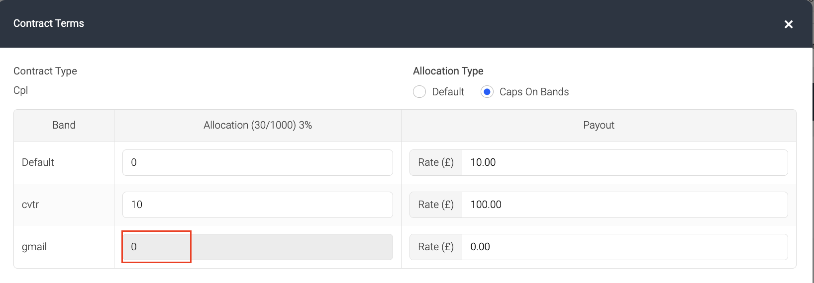 Screenshot showing Allocation defaulting to 0 when user tries to update it to blank