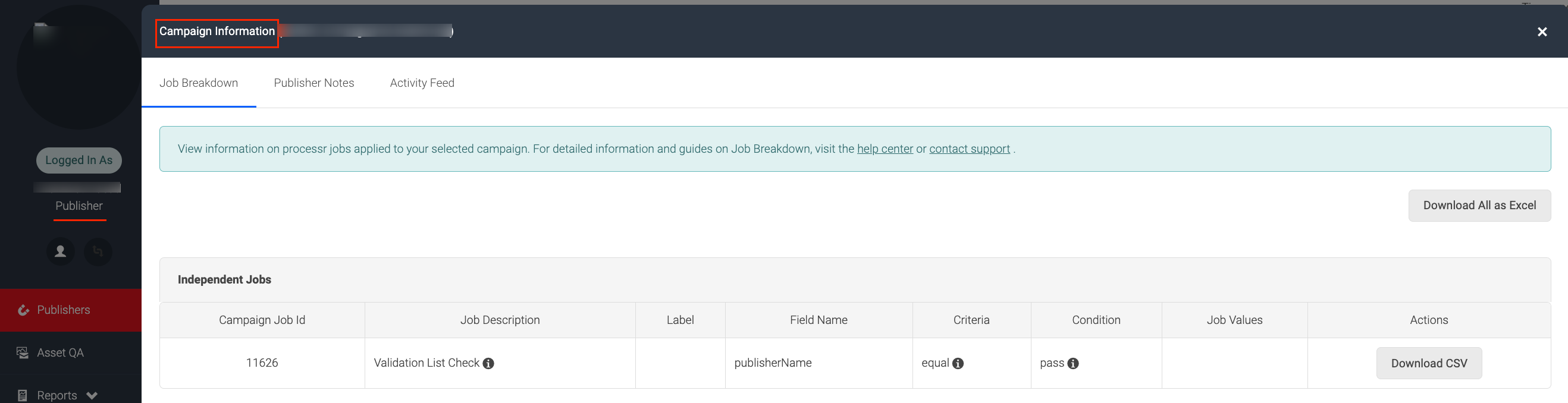 Screenshot showing validation job(s) within the campaign information modal for publishers.png