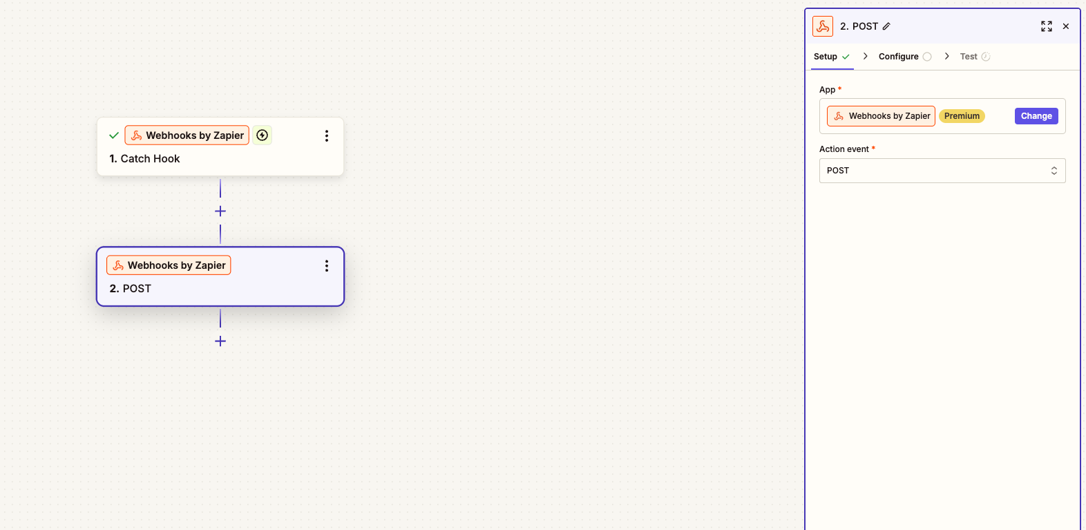 A screenshot showing a Zap with the Zapier webhook selected