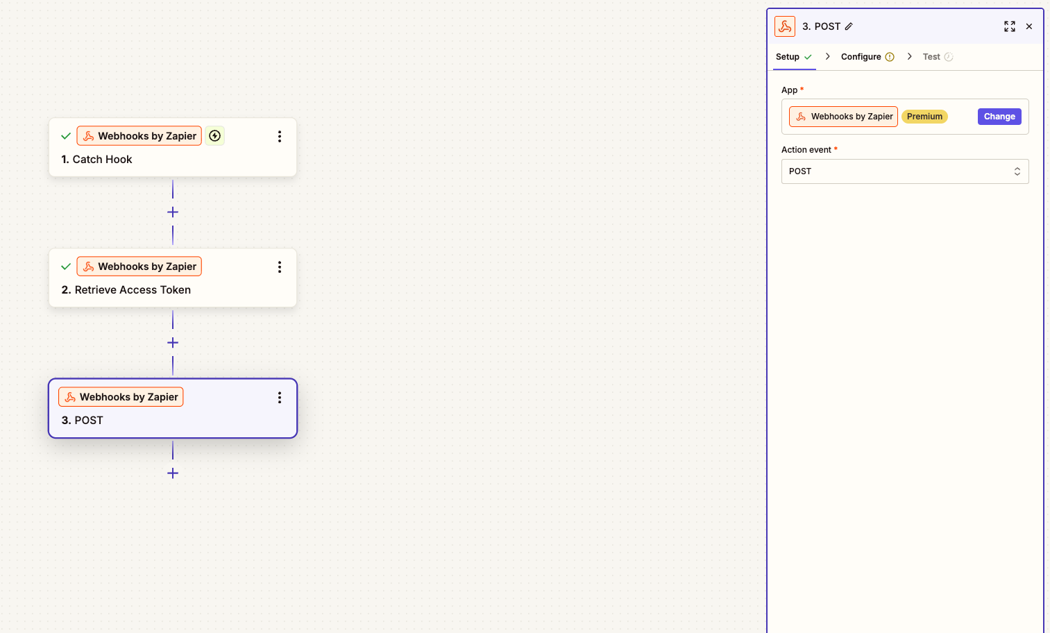 Screenshot of Zap showing a second Webhook POST action being created