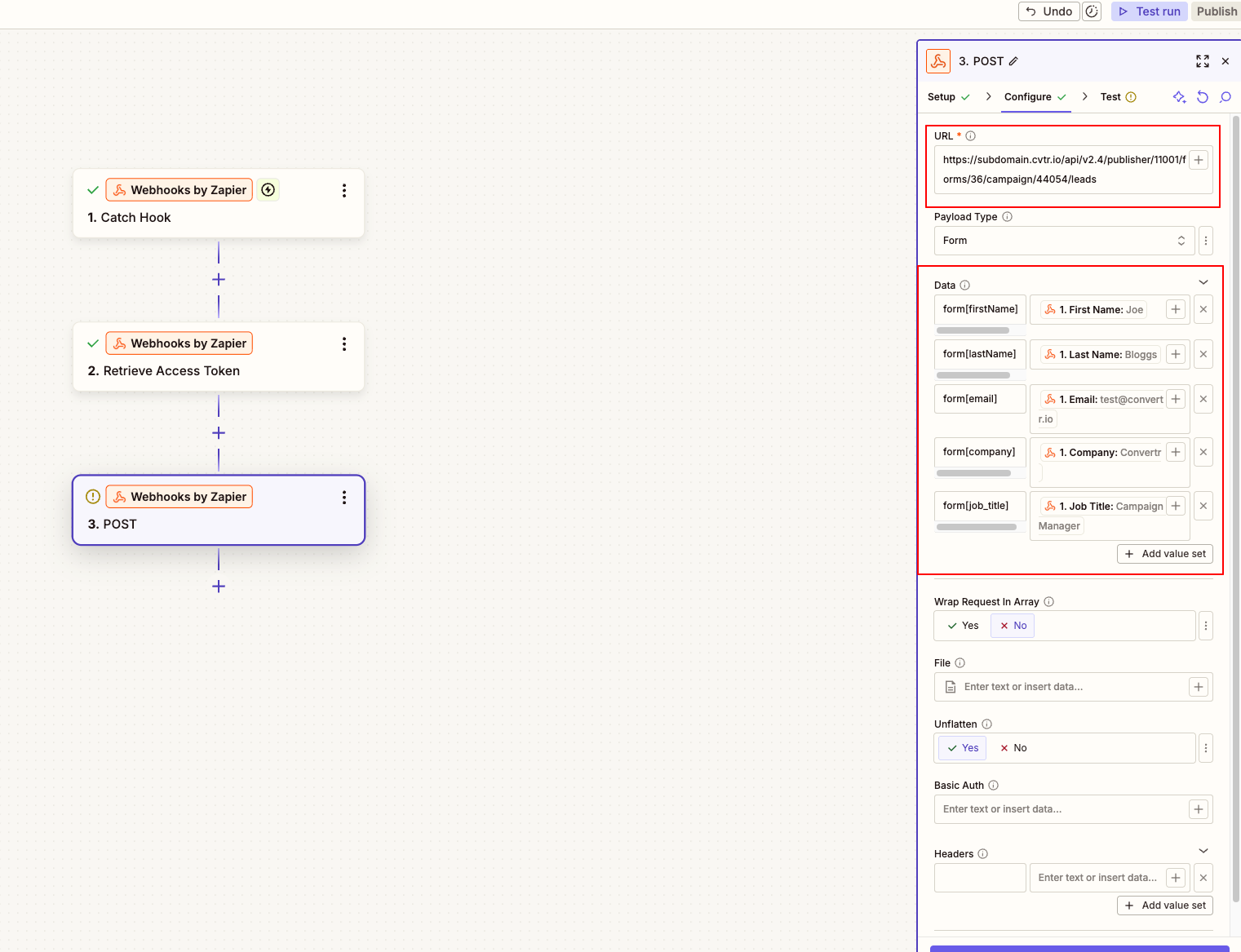 A screenshot of the Zap with the URL and mapping filled out. The URL and Data fields are highlighed in a red box.