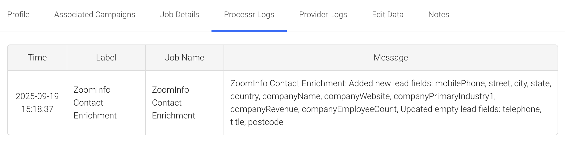 Screenshot of example Processr Log