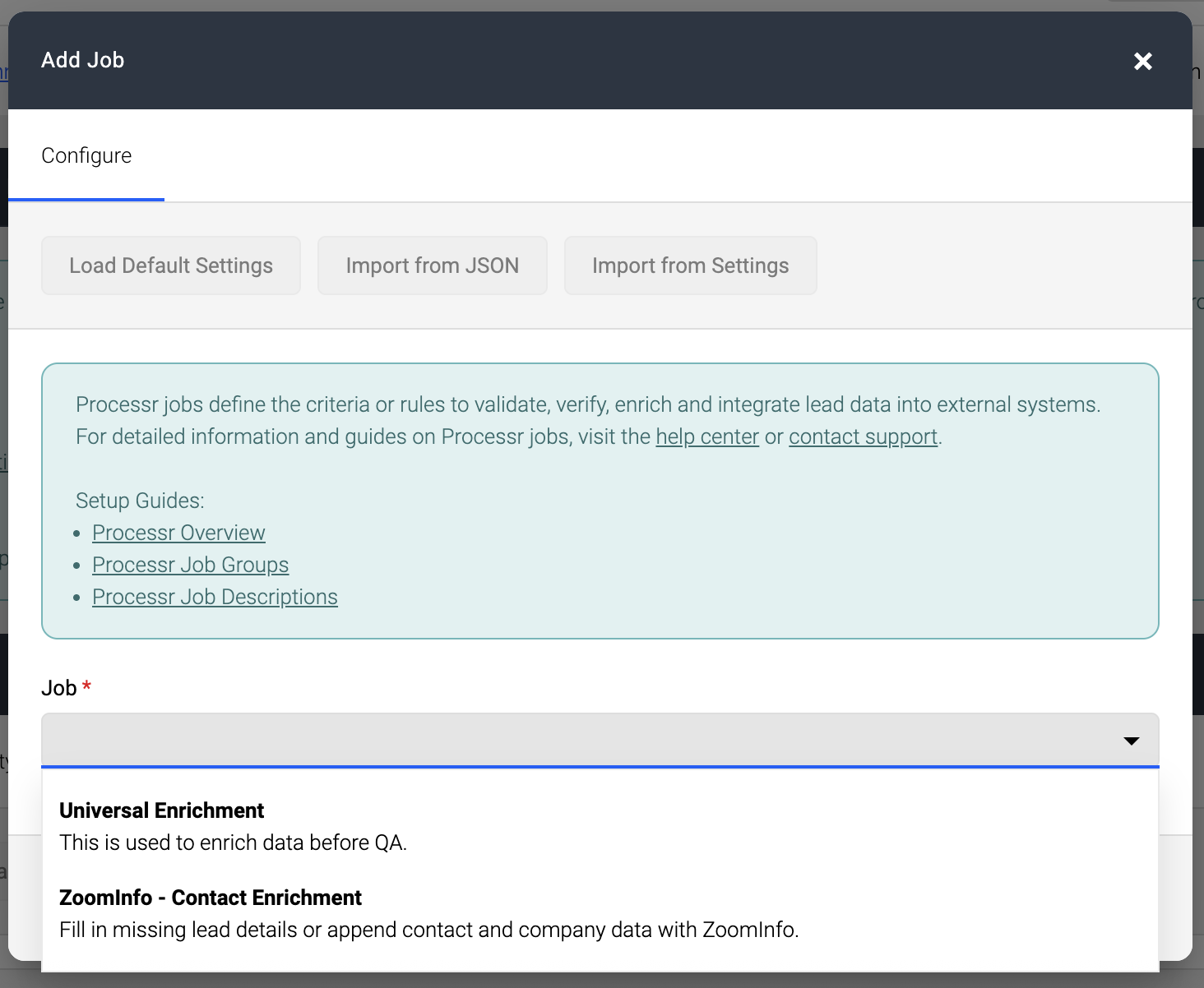 Screenshot of Universal Enrichment and ZoomInfo Contact Enrichment job options