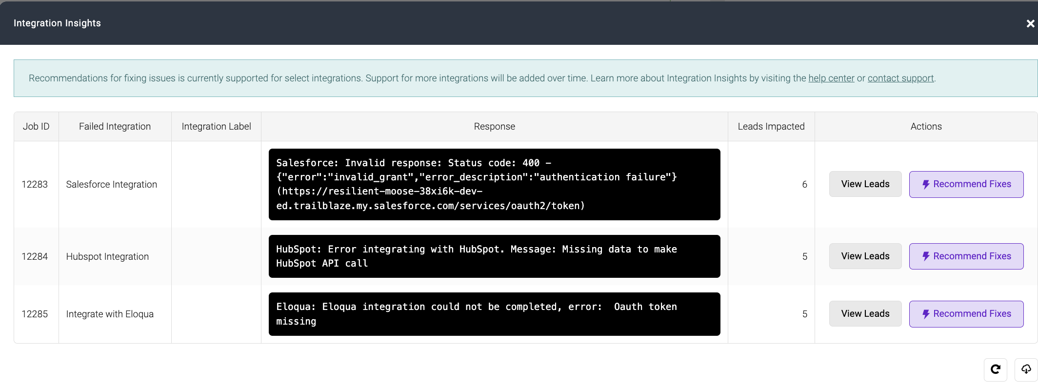 Screenshot showing the 'Recommend Fixes' button for failed Salesforce integration, Hubspot integration and Eloqua Integration