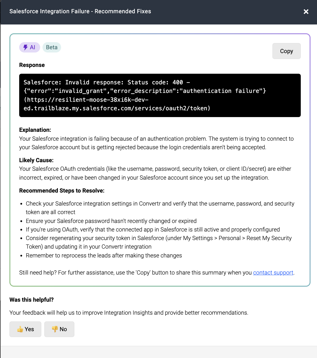 Screenshot showing Recommended steps to resolve Salesforce Integration error