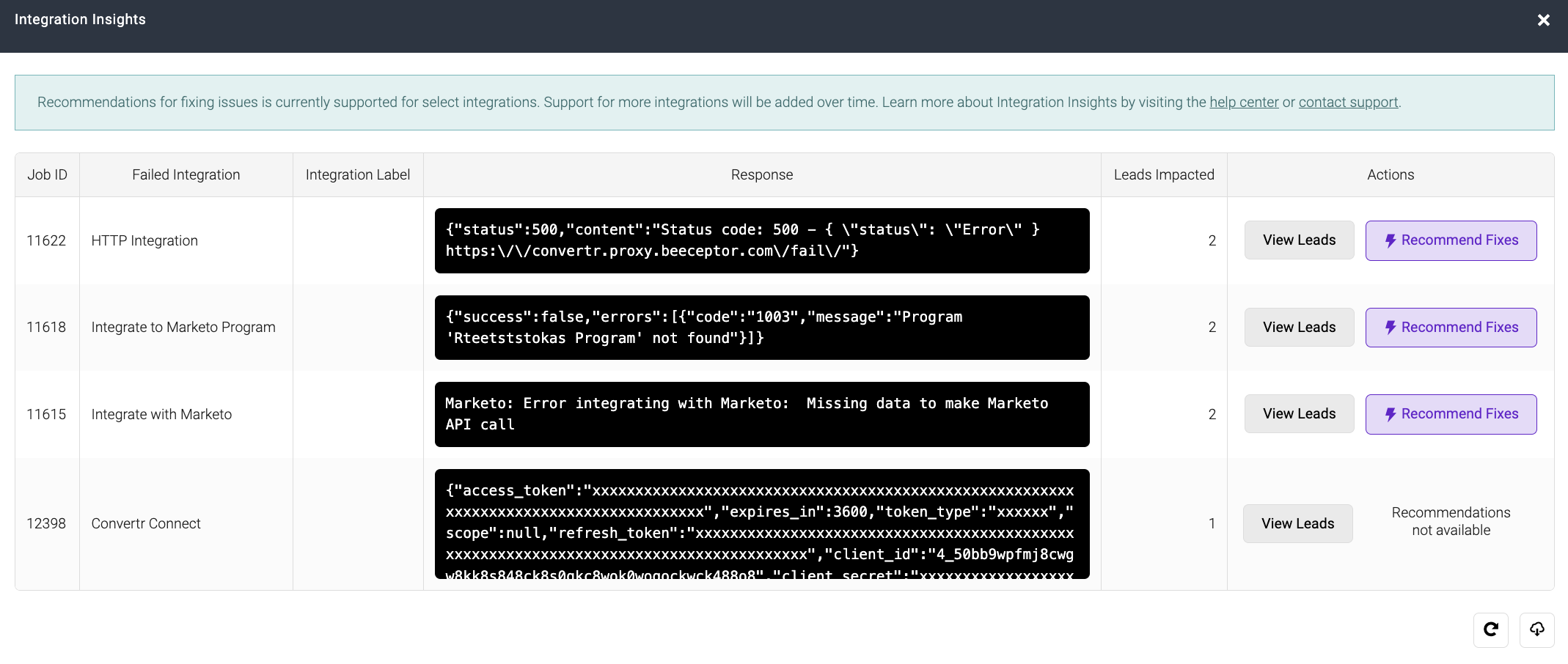 Screenshot showing renewed ordering of failed integration jobs in Integration Insights