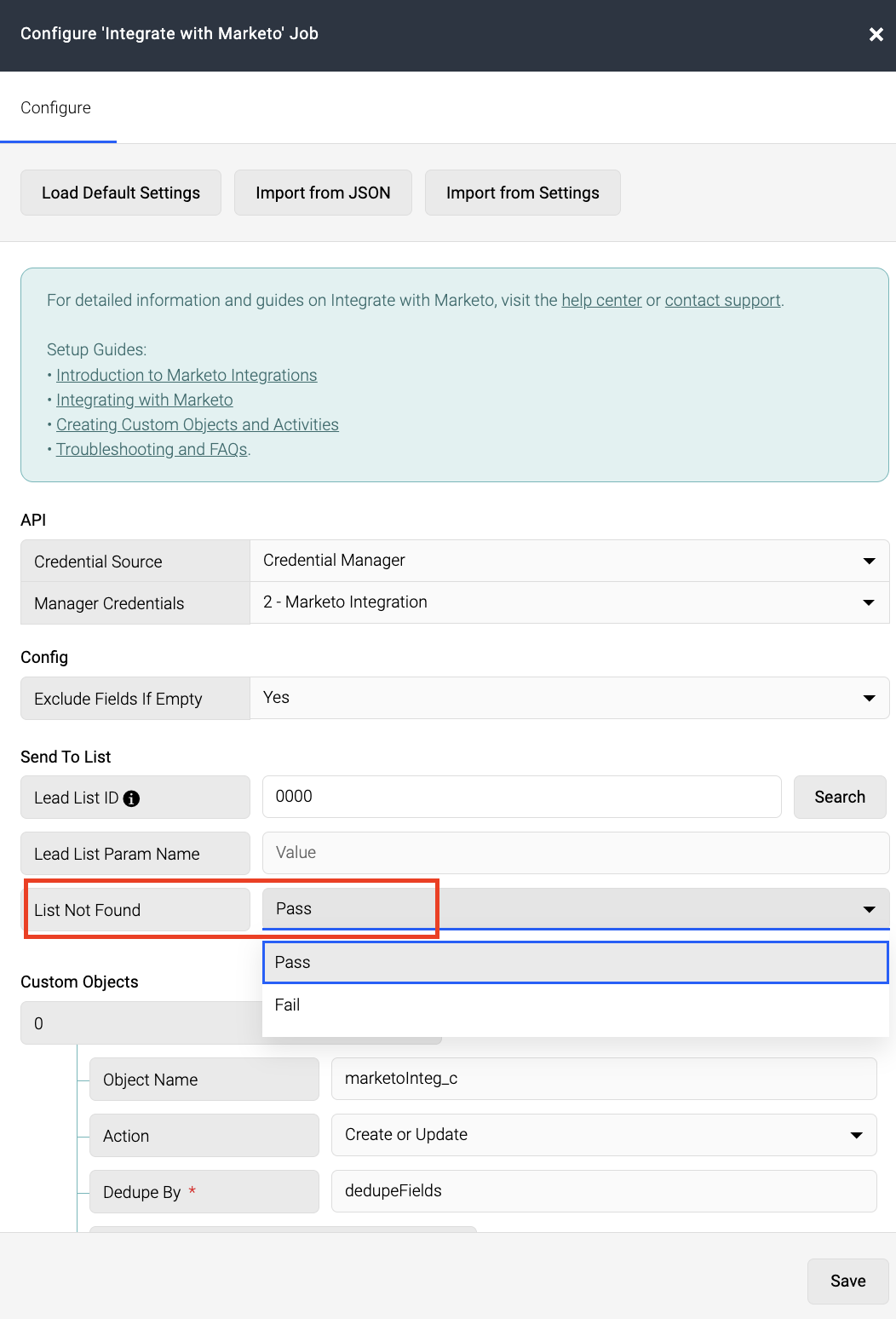 Screenshot showing new setting 'List Not Found' that will be introduced in the 'Integrate with Marketo' job configuration