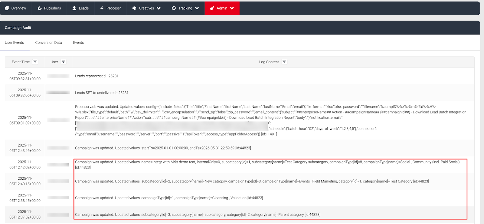 Screenshot showing Campaign Audit Logs displaying only the changes made to the fields