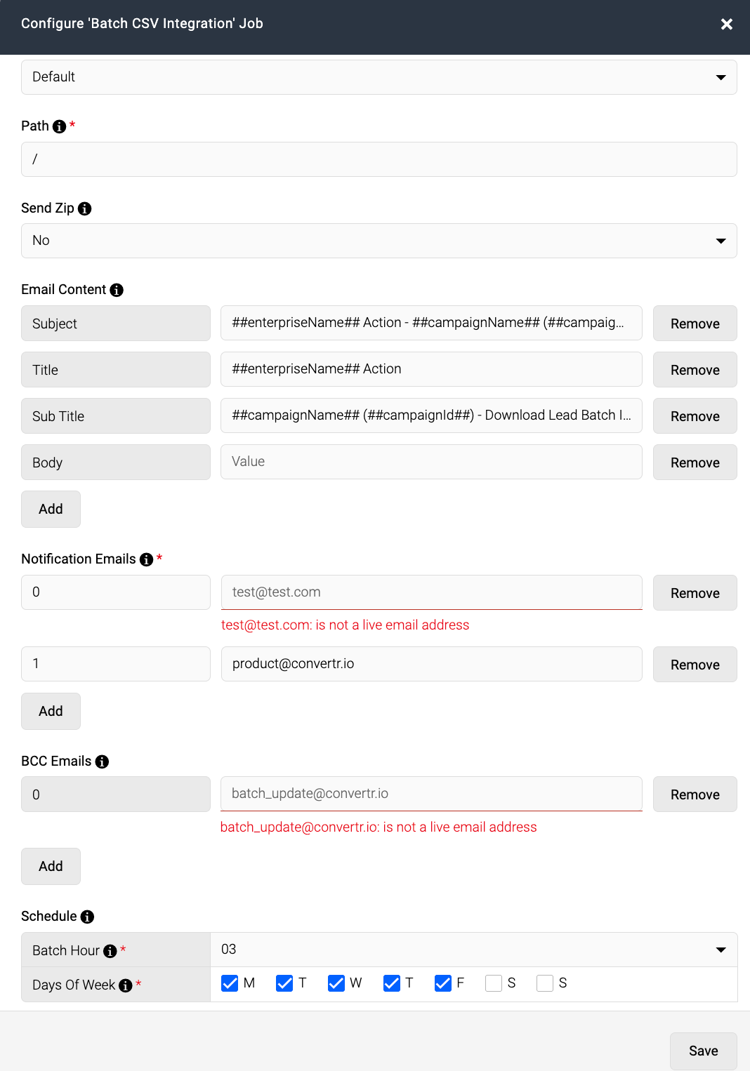 Screenshot showing improved validation for Notification Emails and BCC Emails fields in the Batch job configuration