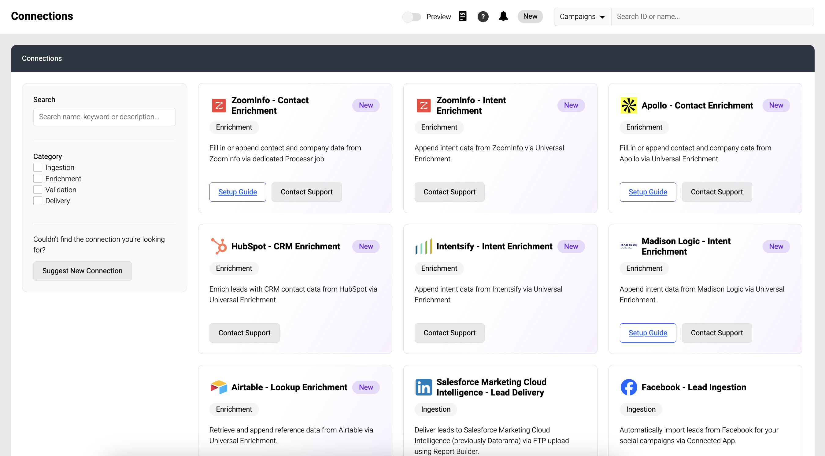 Screenshot of the Connections Hub