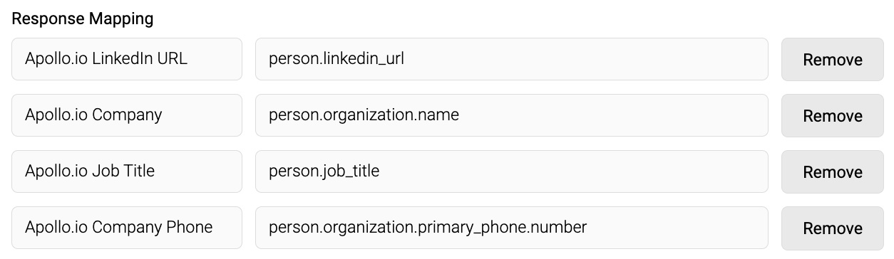 Screenshot of sample Response Mapping configuration