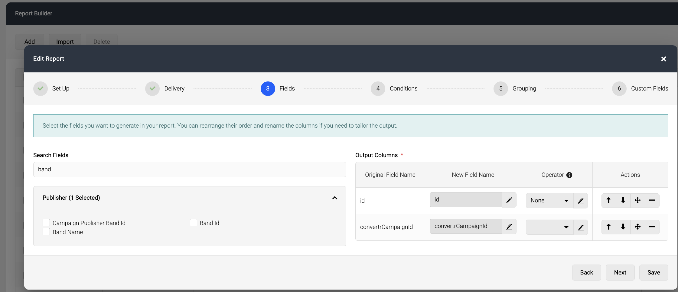 Screenshot showing Band Id and Band Name in Lead Report Builder