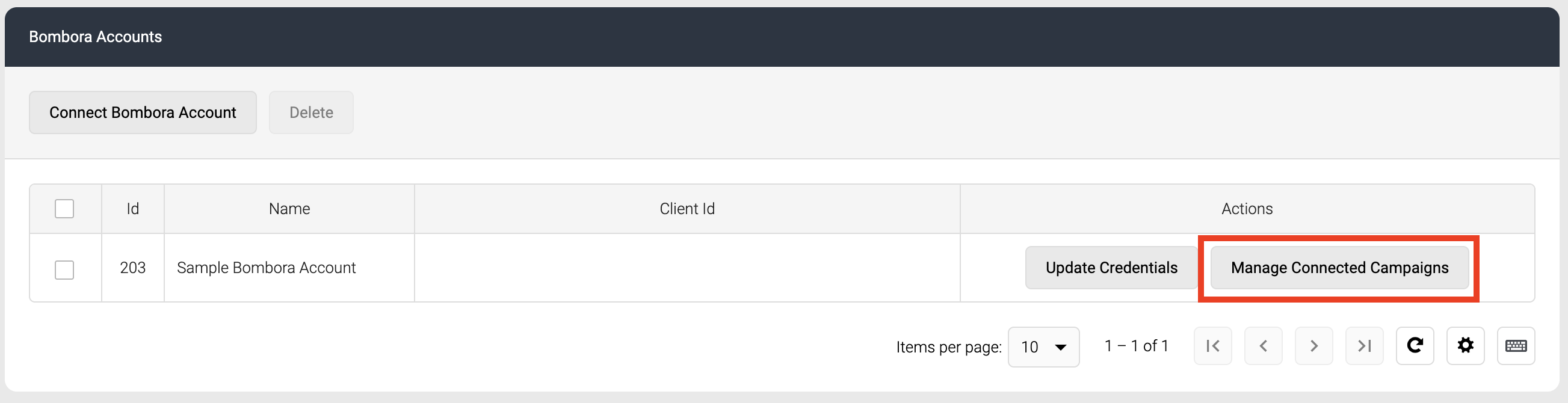 Screenshot of Manage Connected Campaigns button