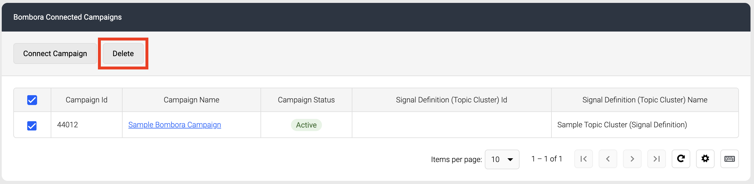 Screenshot of the delete connected campaign(s) button