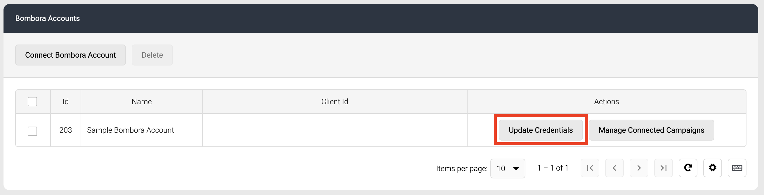 Screenshot of the Update Credentials button