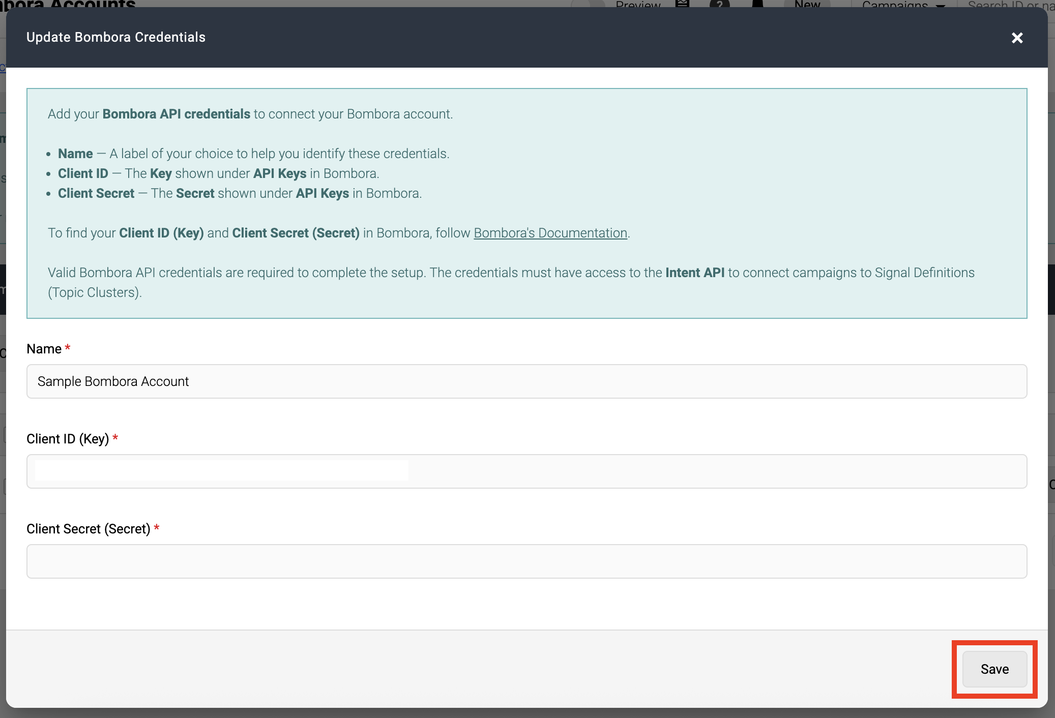 Screenshot of Update Bombora Credentials form