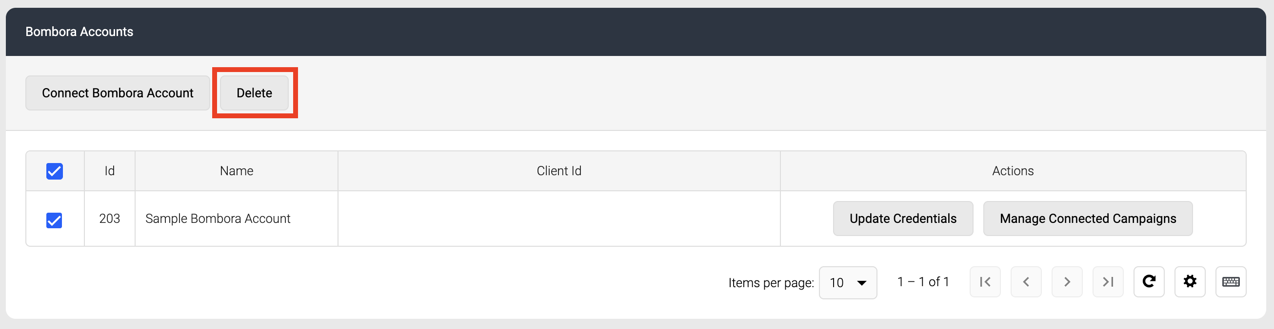 Screenshot of delete connected Bombora account button