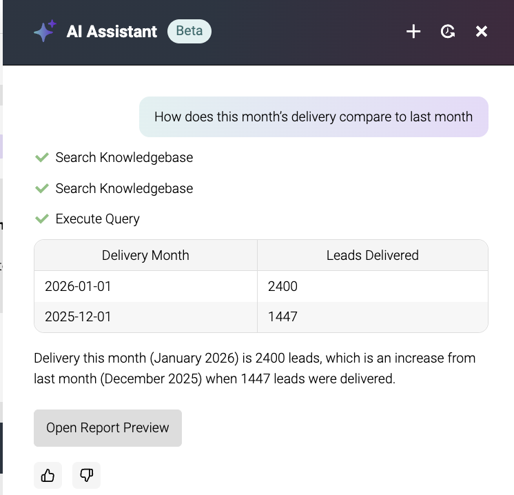 Screenshot showing the reporting assistant answer a query asked in plain english