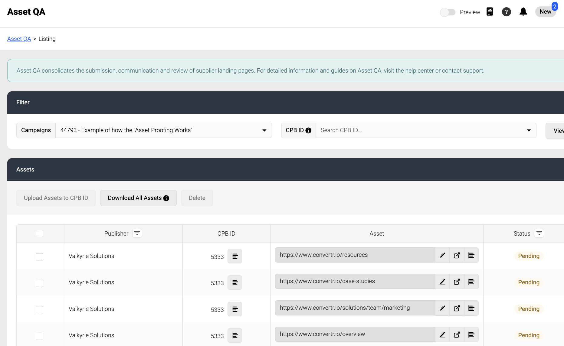 Screenshot showing assets listed in Asset QA