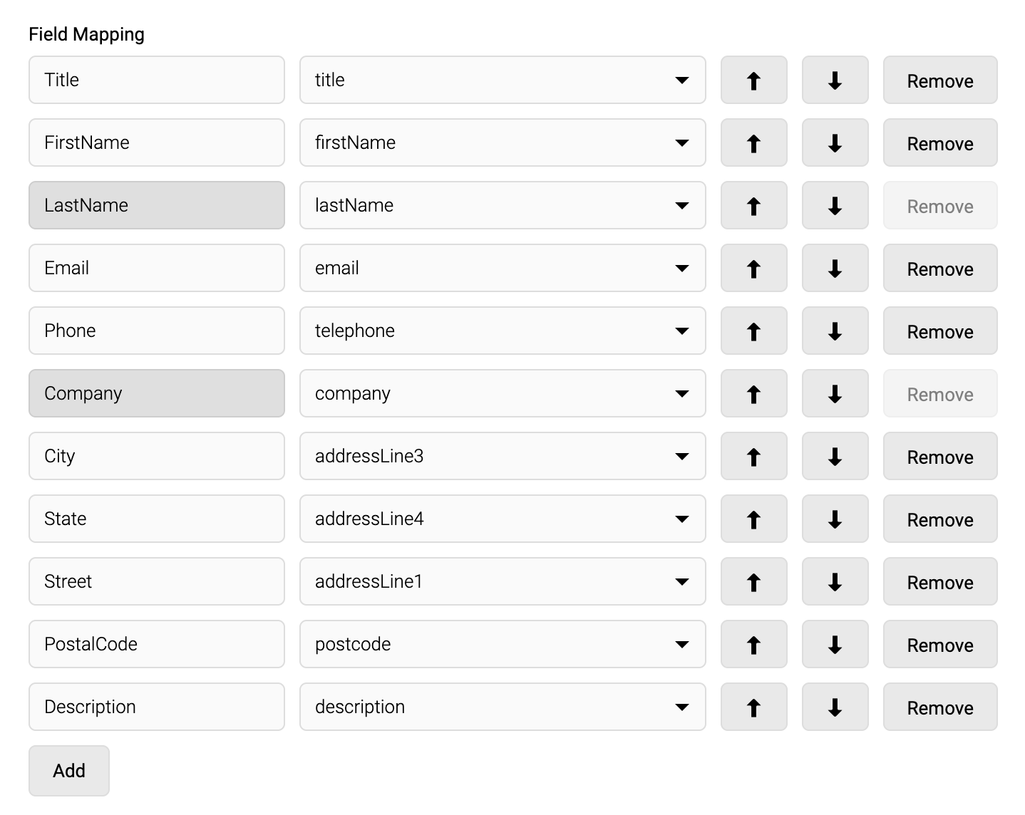 Screenshot of the Field Mapping section