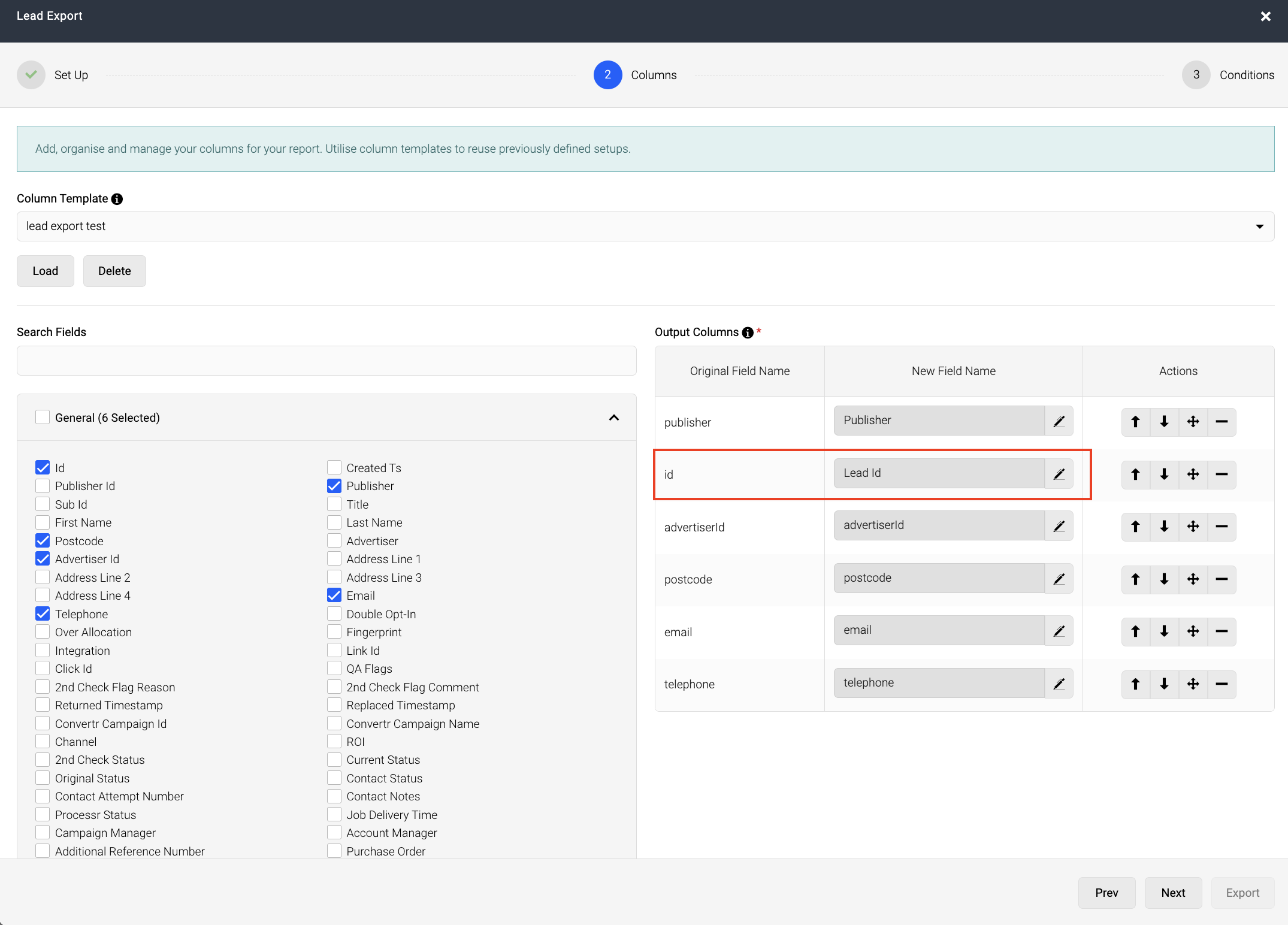 Screenshot showing renamed field in Lead Export template not being overwritten
