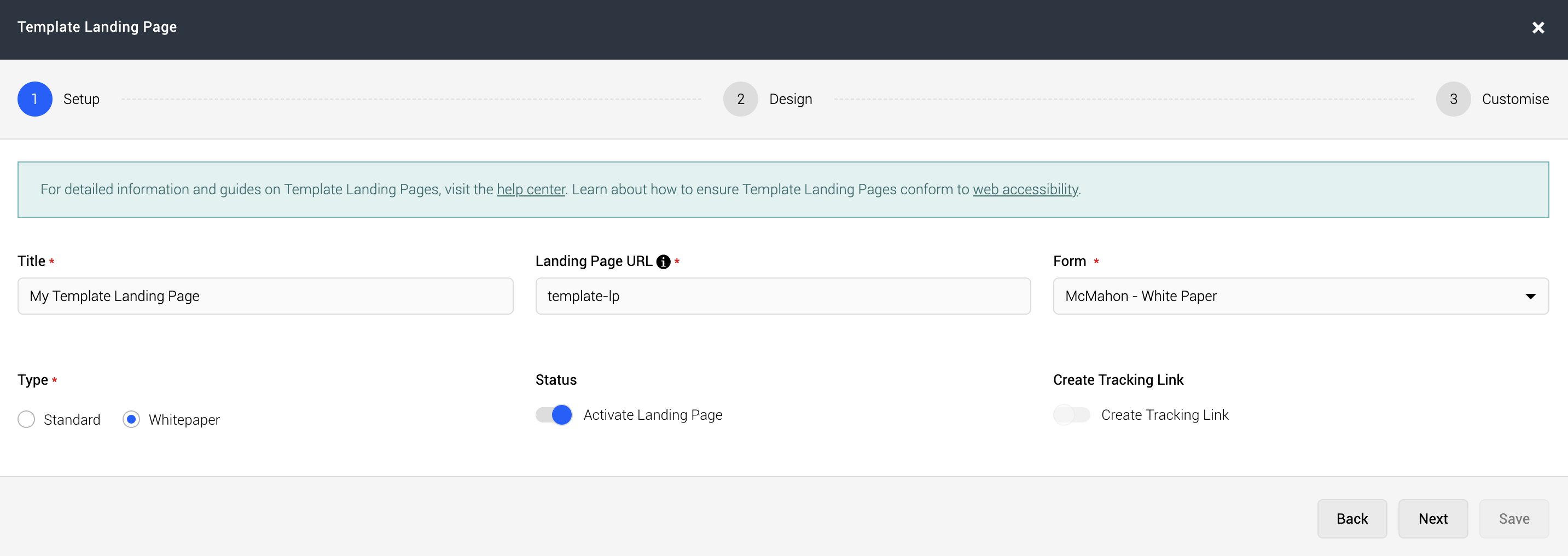 Template landing page setup step