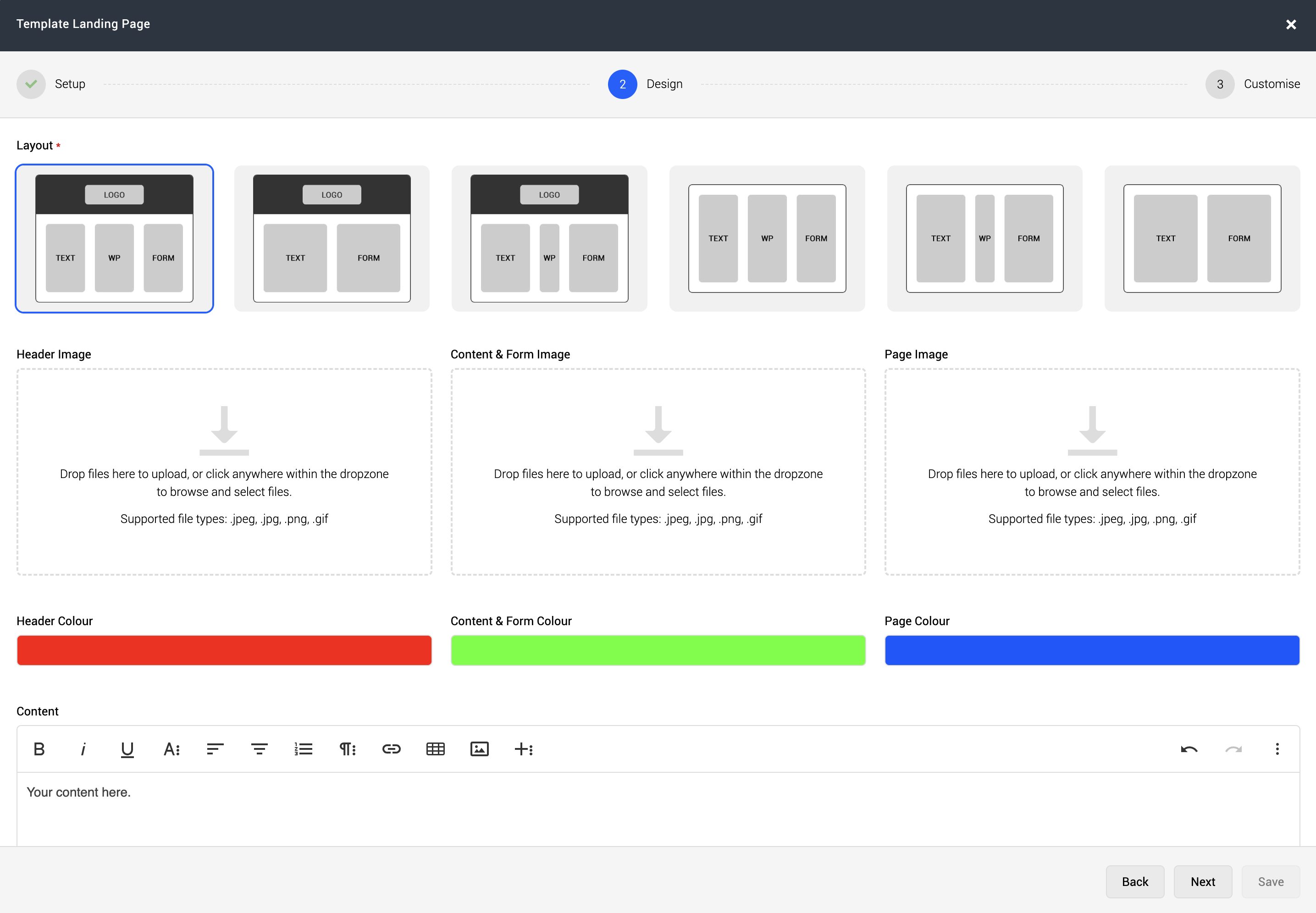 Template landing page design step