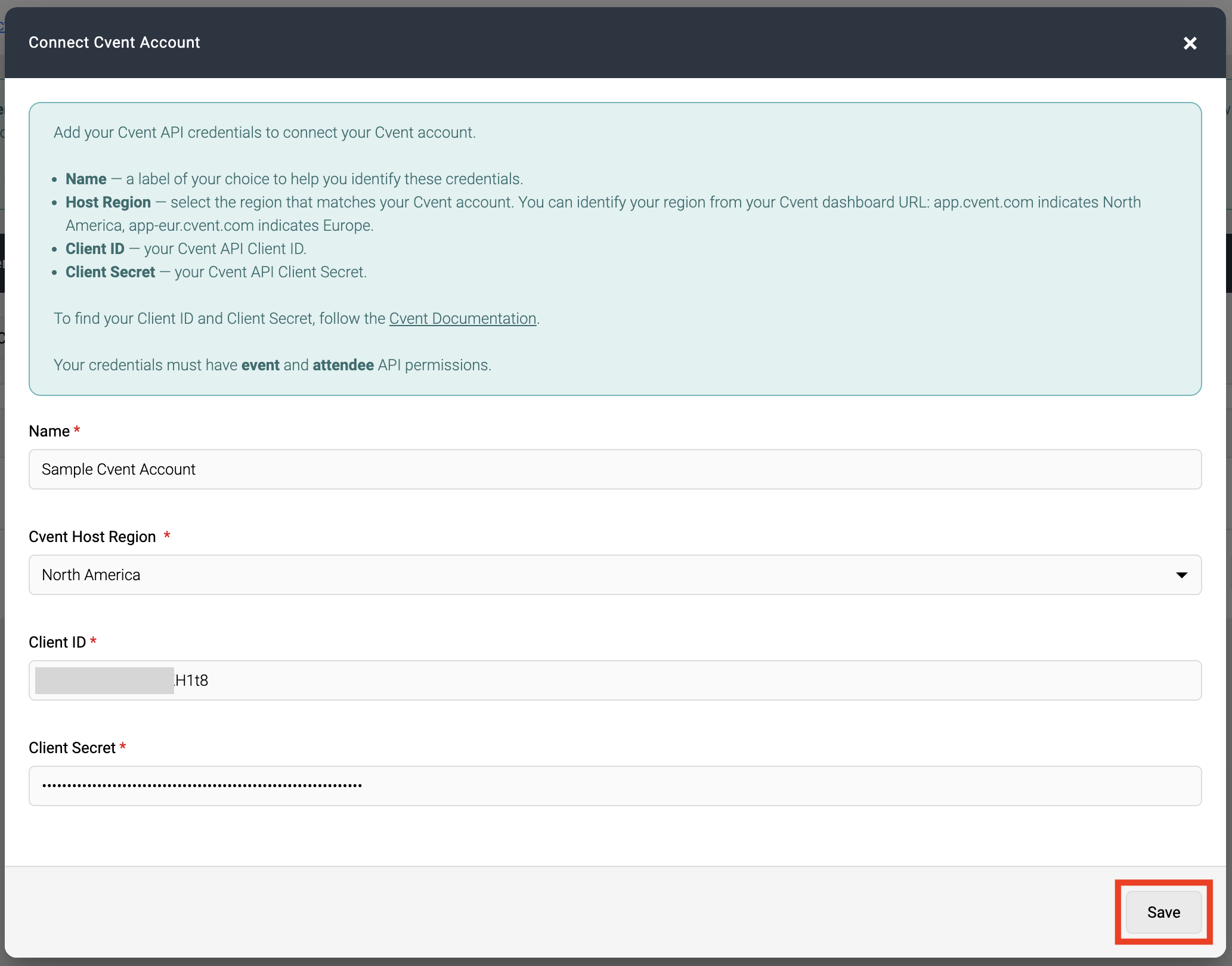 Screenshot of Connect Cvent Account form