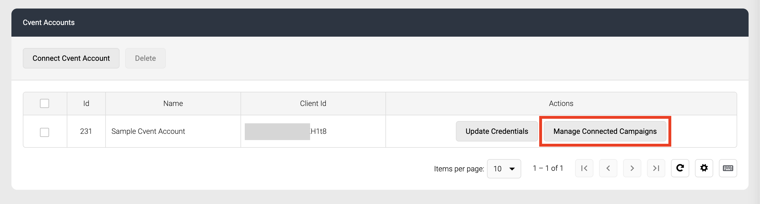 Screenshot of Manage Connected Campaigns button