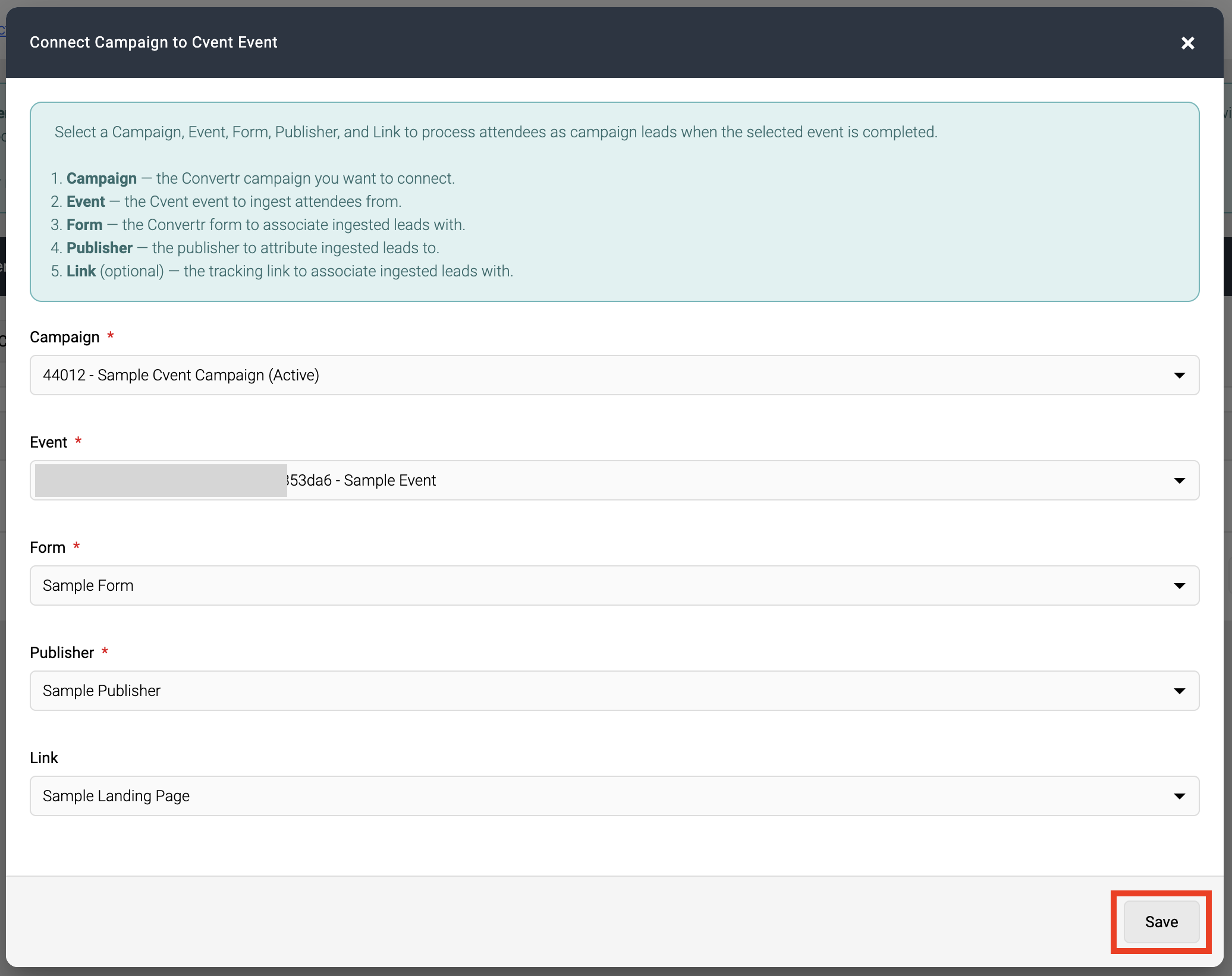 Screenshot of Connect Campaign to Cvent Event form